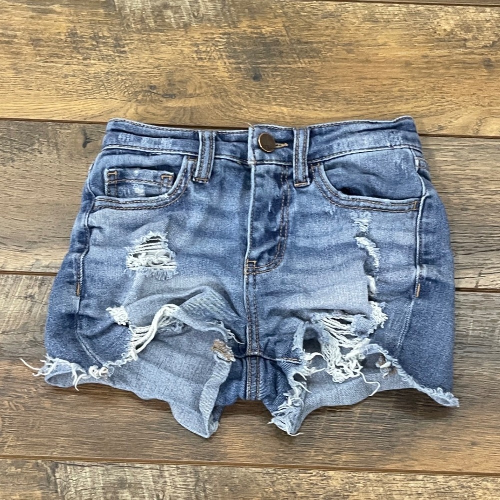 BKE Youth Girls Distressed Denim Shorts Blue Size 10 Adjustable Waist Raw Hem